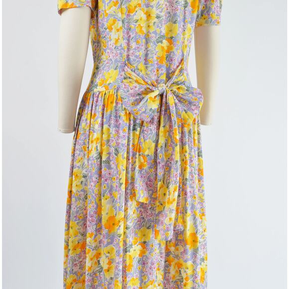 Vintage 90s Floral Button Front Puff Sleeve Drop Waist Maxi Dress with Pockets - Picture 7 of 9